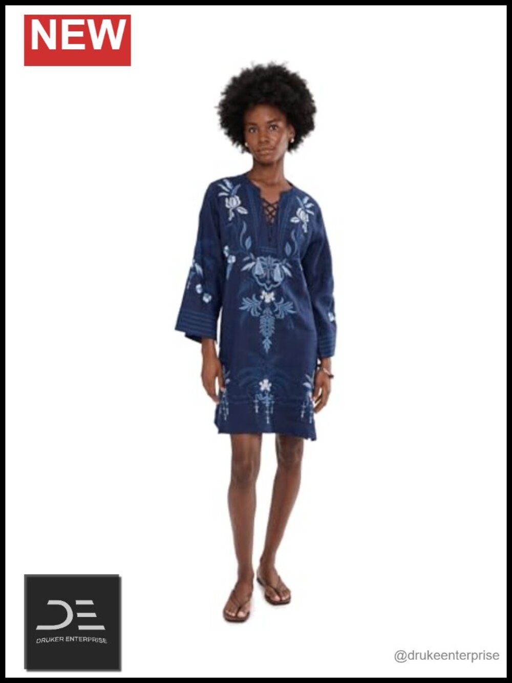 Linen Tie Front Kimono Dress Embroidered A-Line Above Knee